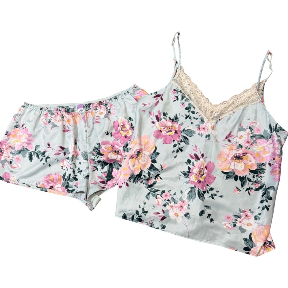 Lilac & London Satin Summer Lace 2 Piece Pajamas (LG) Tank & Shorts Sexy Floral
